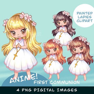 Prima Comunione per Ragazze Anime Clip Art, Illustrazione Religiosa, Ragazza Che Prega, Anime Art, Rosario, Digital Download Comunione Clip Art