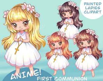 Anime First Communion Clipart, Praying Girls, Rosary (Digital Download)