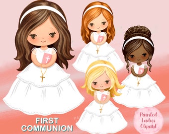 First Communion Clipart for Girls,  Holy Communion Religious Illustrations, Pink Bible, rosary, Primera comunion clipart, png