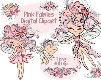 Pink Fairies Digital Clip Art, Handpainted PNG Files (Digital Download)