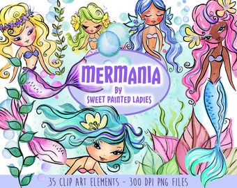 Watercolor Mermaid Clipart, Cute Girl Art, Sublimation PNG Files (Digital Download)