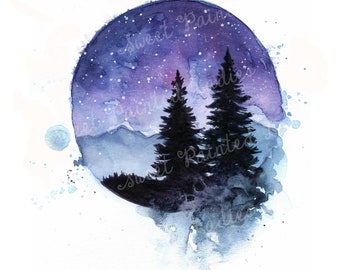 Watercolor Galaxy Print, Woodland Night Sky, Mountains (Digital Download)