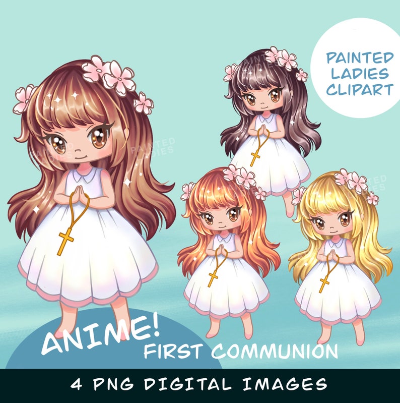 May include: Four digital illustrations of anime girls in white dresses with flower crowns, holding rosaries and crosses. The girls have different hair colors: brown, blonde, red, and black. The text "ANIME! FIRST COMMUNION" is at the bottom of the image.