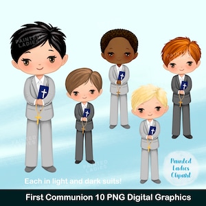Gráficos de la Primera Comunión para Niños, trajes gris claro y gris oscuro, 10 imágenes, archivos png, Clipart de religión, Ilustración religiosa de la Sagrada Comunión