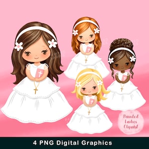 Erstkommunion Clipart für Mädchen, Heilige Kommunion Religiöse Illustrationen, Rosa Bibel, Rosenkranz, Primera Comunion Clipart, png, Sublimation