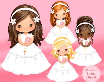 First Communion Clipart for Girls,  Holy Communion Religious Illustrations, Pink Bible, rosary, Primera comunion clipart, png, sublimation