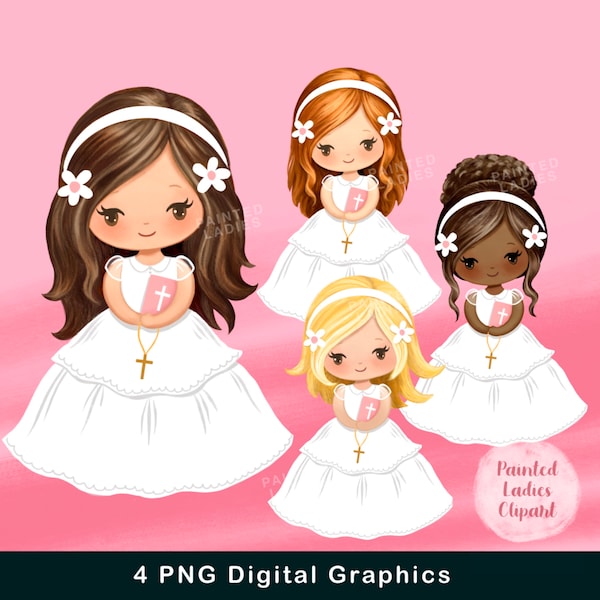 First Communion Clipart for Girls,  Holy Communion Religious Illustrations, Pink Bible, rosary, Primera comunion clipart, png, sublimation