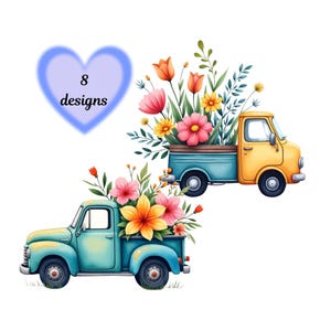 Watercolor Truck Clipart: Vintage Floral Pickup Truck PNG (Digital Download, 300 DPI)
