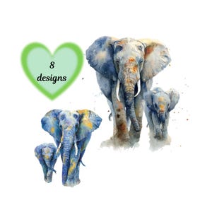 Watercolour Mother & Baby Elephant Clipart Set – 8 Adorable Illustrations. Transparent. Safari