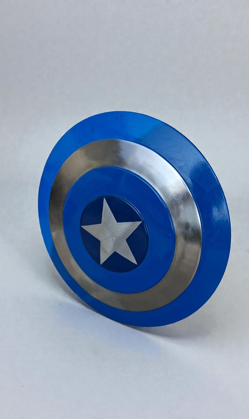 May include: A blue and silver shield with a white star in the center. The shield has a circular design with a blue outer ring, a silver middle ring, and a blue center with a white star.