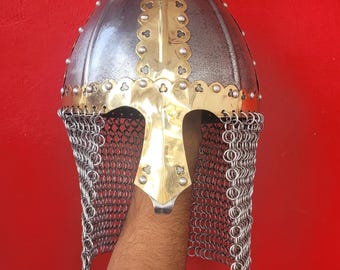Steel Brass Norman Viking Nasal Helmet With Chainmail – Knight Armor for LARP Cosplay Reenactment
