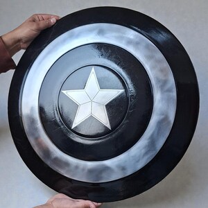 May include: A black and silver shield featuring a white star at its centre. The shield has a circular design with black and silver concentric rings. The star is a five-pointed design. The shield is held by two hands.