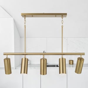 5-Light Linear Brass Chandelier, Gold Ceiling Pendant, Dining Room Kitchen Island Light