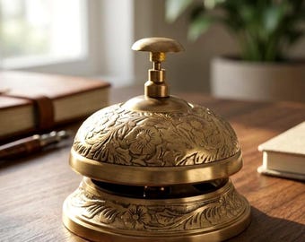 Vintage Brass Hotel Desk Bell: Hand-Engraved Floral Service Bell