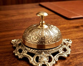 Vintage Brass Table Service Bell: Ornate Floral Desk Call Bell