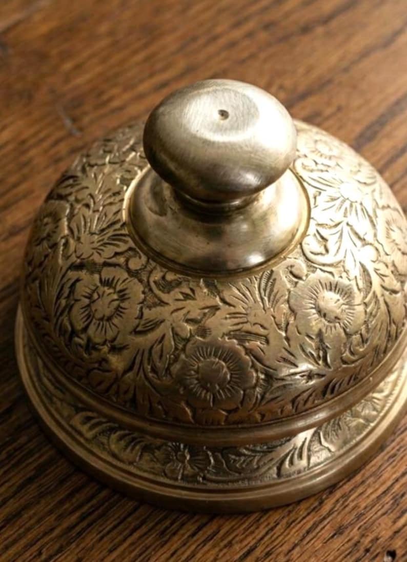 Vintage Brass Hotel Desk Bell: Hand-Engraved Floral Service Bell image 5