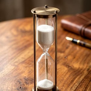 Puede incluir: Un reloj de arena con un bulbo de vidrio transparente que contiene arena blanca, sostenido dentro de un marco metálico con acabado de latón cepillado. La estructura consta de placas circulares superior e inferior conectadas por varillas.