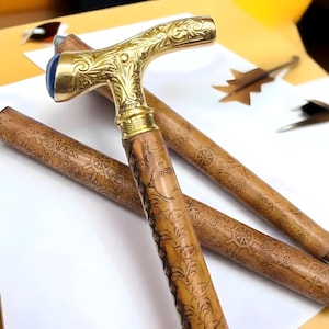 Hand Carved Wooden Walking Stick Leather Wrapped Cane with Royal Handle Unique Gift for Him