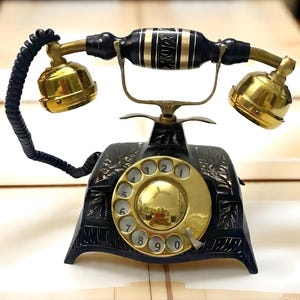 Antique Brass Rotary Telephone – Vintage Desk Phone, Retro Landline, Steampunk Style Home Décor, Collectible Old-Fashioned Phone