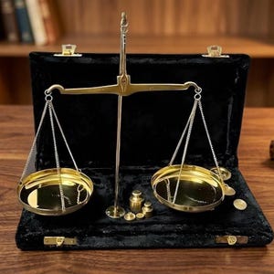 Puede incluir: Una balanza de metal dorado con dos platos colgantes suspendidos por cadenas de una viga central. La balanza se exhibe dentro de un estuche forrado de terciopelo negro, acompañada de un juego de pequeñas pesas de latón en la base.