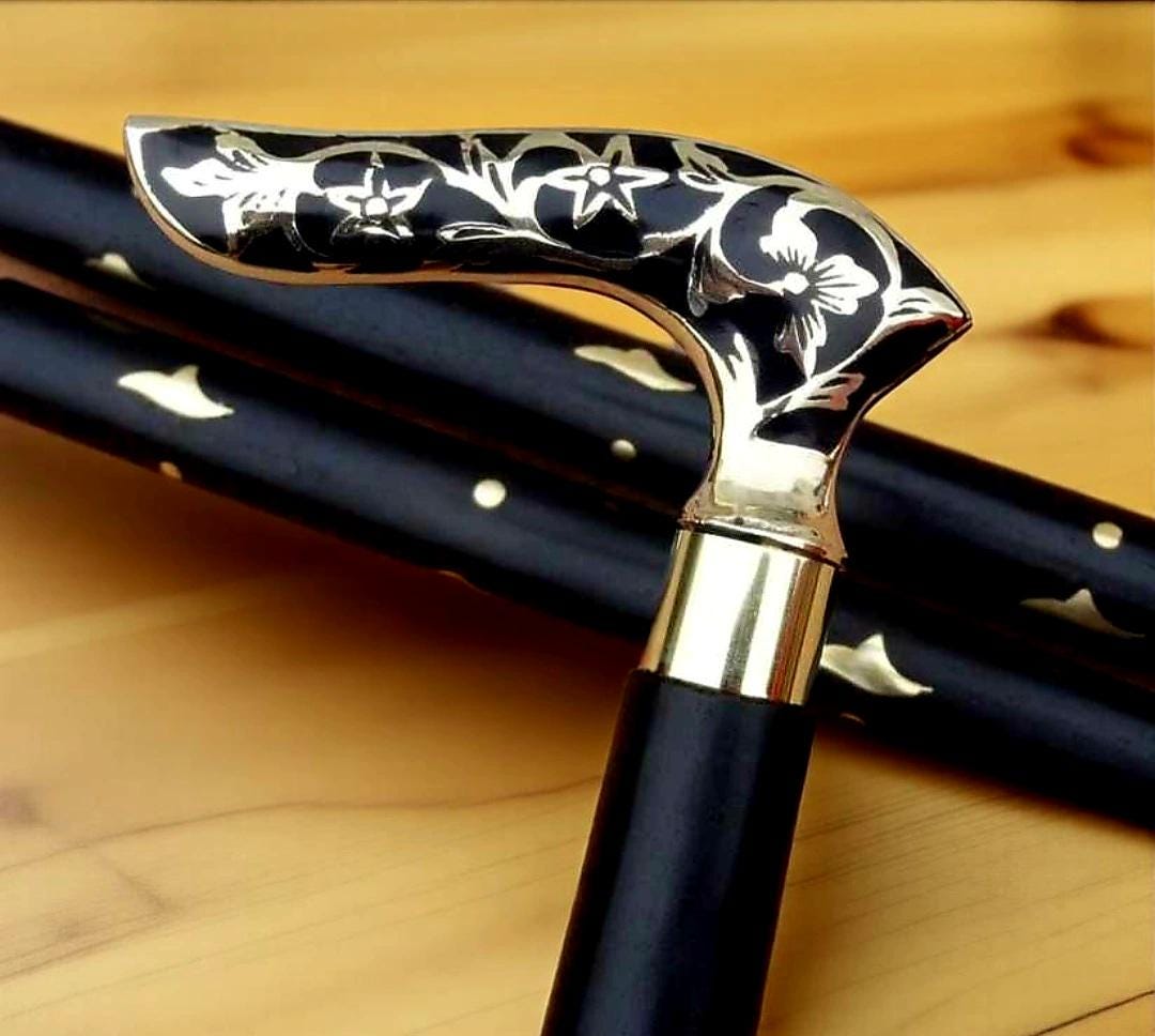Floral Brass Handle Wooden Walking Cane - Foldable Vintage Style - Etsy ...