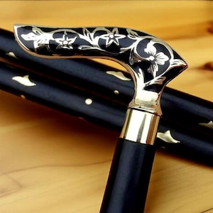 Elegant Black Wooden Walking Cane with Floral Brass Handle – Vintage Style Foldable Walking Stick, Handmade Mobility Aid for Men & Women
