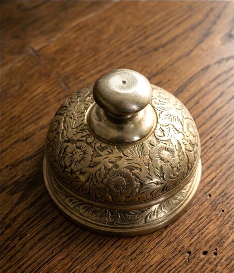Vintage Brass Hotel Desk Bell: Hand-Engraved Floral Service Bell image 2
