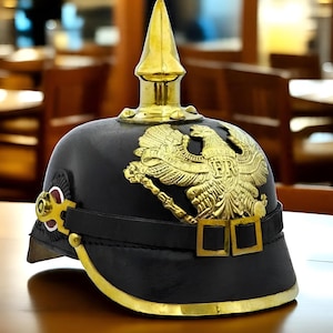 German Pickelhaube Helmet Replica – Prussian Officer Helmet with Brass Eagle Plate – Antique Style Military Collectible
