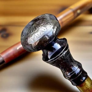 Vintage Brass Handle Walking Cane Handcrafted Wooden Walking Stick Engraved Black Knob Cane  Mobility Aid Victorian Style Gentlemen Gift