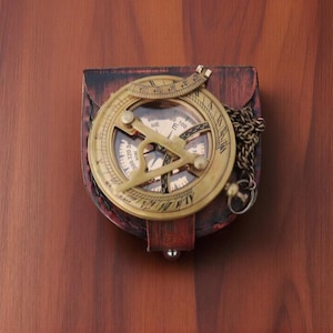 Antique Brass Sundial Compass with Leather Case | Working Vintage Navigation Compass | Nautical Gift for Him Steampunk Collectible Compass