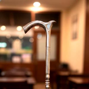 Puede incluir: Un bastón plateado pulido con un mango curvo. El mango tiene un diseño decorativo y el eje presenta un patrón texturizado en forma de rejilla. El bastón está diseñado para brindar apoyo y movilidad.
