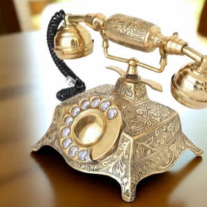 Vintage Brass Rotary Dial Telephone – Antique Style Landline Phone, Retro Home Décor, Classic Collectible Gift, Steampunk Desk Phone