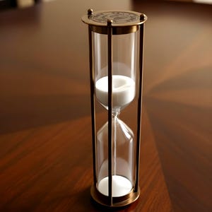 May include: An hourglass with a brass frame and clear glass chambers. White sand is visible inside the glass, with a brass top and bottom. The hourglass is set on a dark wooden surface.