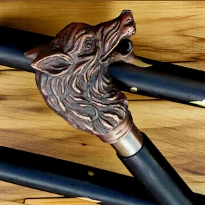 Wolf Head Handle Walking Cane Handcrafted Black Wooden Stick with Brass Inlay Gothic LARP Cosplay Cane  Unique Fantasy Gift for Men