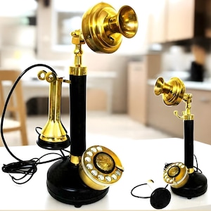 Vintage Brass Candlestick Telephone Retro Rotary Dial Phone Antique Style Home Decor