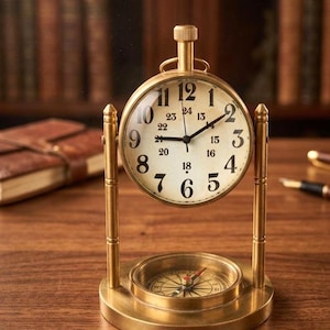 Vintage Brass Desk Clock with Compass Base, Antique Nautical Study Decor