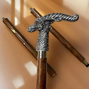 Dragon Head Walking Cane  Handcrafted Wooden Folding Cane with Metal Fantasy Handle  Medieval Cosplay Stick Gothic Mobility Aid