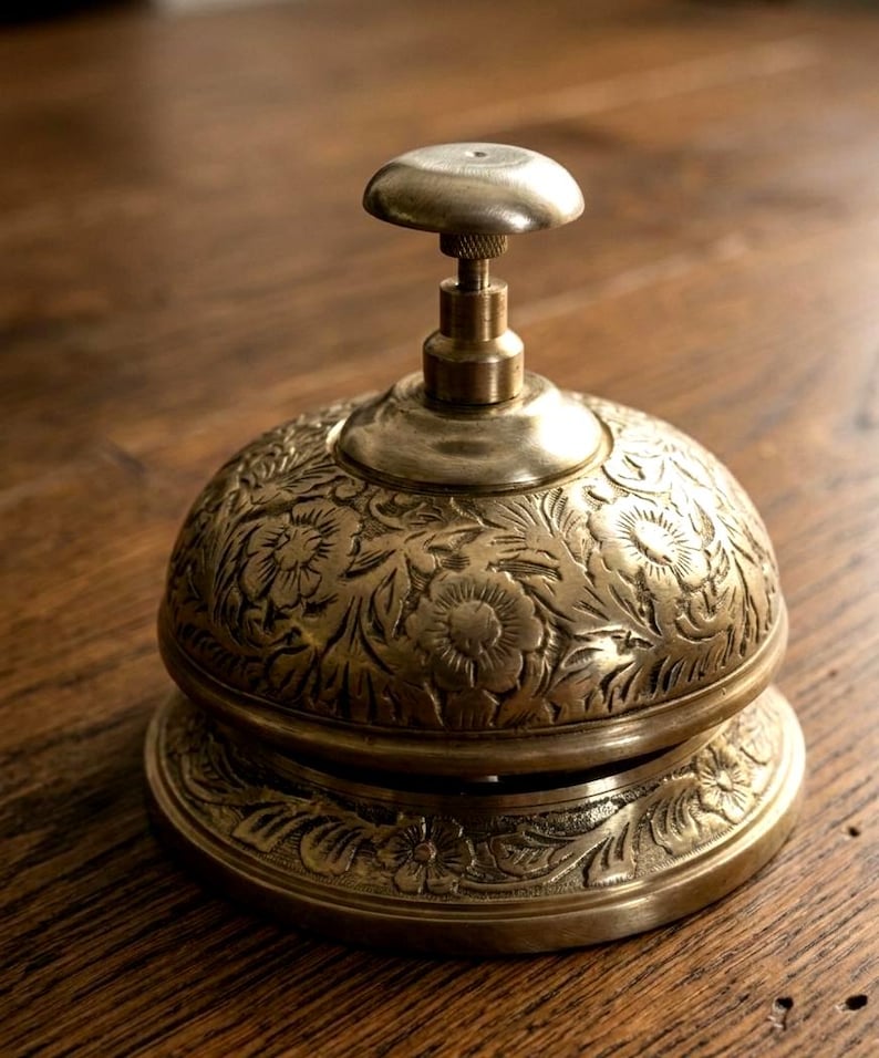 Vintage Brass Hotel Desk Bell: Hand-Engraved Floral Service Bell image 6