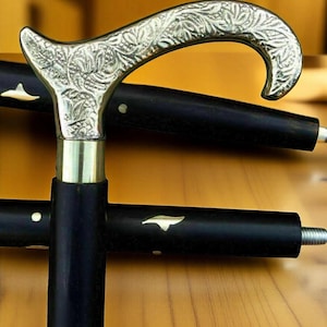 Engraved Brass Derby Handle Walking Cane: Folding Black Wood Stick