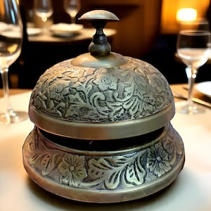 Vintage Brass Hotel Desk Bell | Handcrafted Engraved Service Bell | Antique Reception Counter Call Bell | Collectible Home Décor