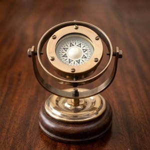 Puede incluir: Una brújula de cardán de latón montada sobre una base circular de madera oscura. La brújula presenta una esfera blanca con puntos cardinales y marcas de grados en negro, encajada en un marco metálico sujeto por dos tornillos laterales.