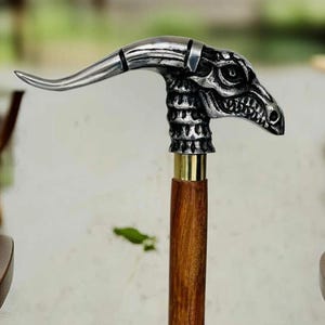 Dragon Head Walking Cane  Gothic Beast Horn Handle Cane Fantasy Walking Stick for Men  Medieval LARP Prop Handmade Wooden Cane Gift