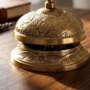 Vintage Brass Hotel Desk Bell: Hand-Engraved Floral Service Bell image 4
