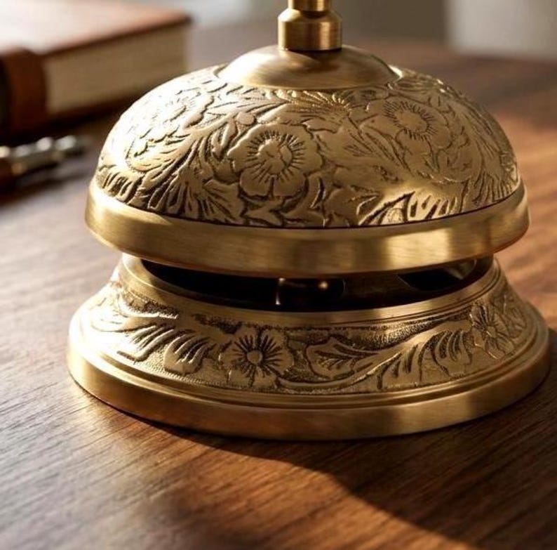 Vintage Brass Hotel Desk Bell: Hand-Engraved Floral Service Bell image 4