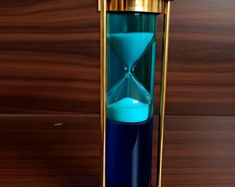 2 min blå flytande sandtimer – timglas i mässing • Dekorativt skrivbord • Vintage maritimt mässingssandglas