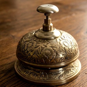 Vintage Brass Hotel Desk Bell: Hand-Engraved Floral Service Bell image 3