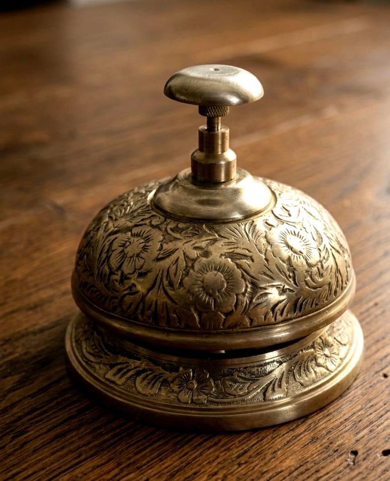 Vintage Brass Hotel Desk Bell: Hand-Engraved Floral Service Bell image 3
