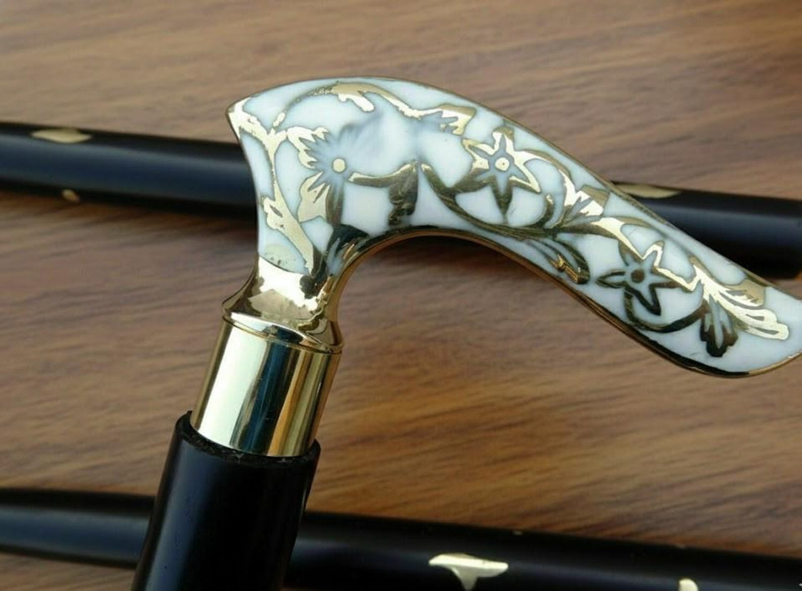 Floral Brass Handle Wooden Walking Cane - Foldable Vintage Style - Etsy ...