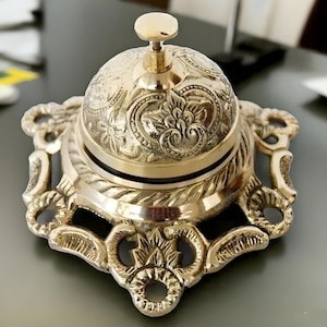 Vintage Brass Table Service Bell | Ornate Desk Call Bell | Antique Style Reception Counter Bell | Handcrafted Brass Home Decor