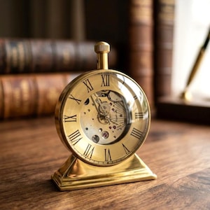 Vintage Brass Skeleton Desk Clock, Mechanical Roman Numeral Table Clock